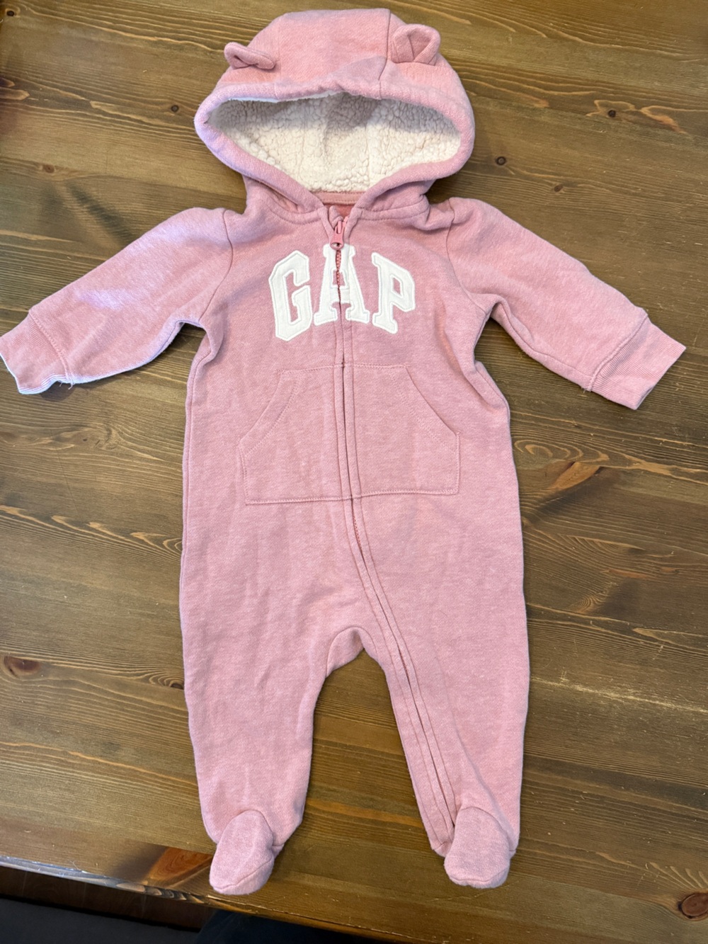 Pink Baby GAP Footed One Piece Hood With Bear Ears (3-6M)
